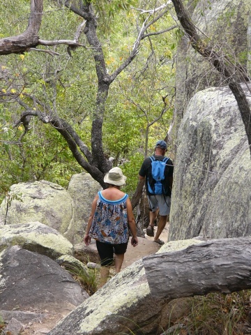 hiking down through rocks